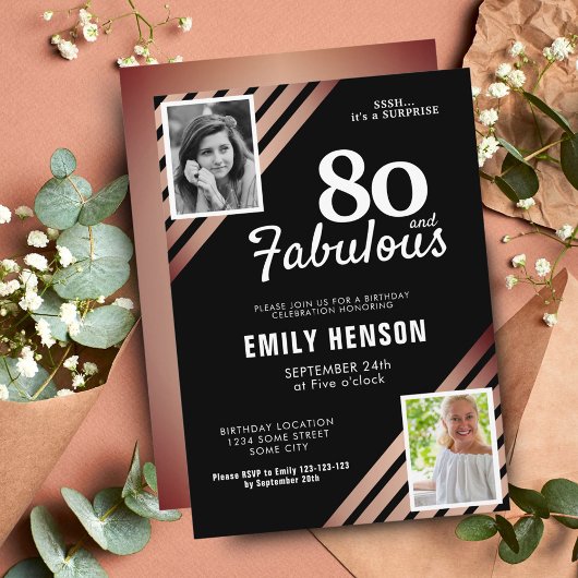 80と素晴らしい金ゴールドバラ2写真誕生日 招待状