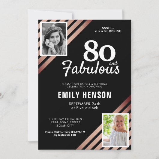 80と素晴らしい金ゴールドバラ2写真誕生日 招待状 (正面)