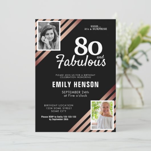 80と素晴らしい金ゴールドバラ2写真誕生日 招待状 (スタンド正面)