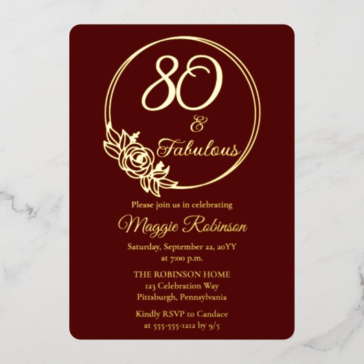 80と素晴らしい80th誕生日パーティーがスタンプ 箔招待状 (正面)