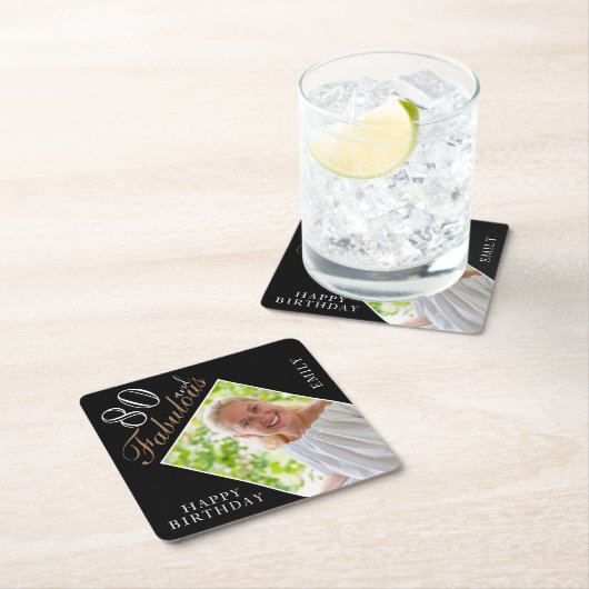 80と素晴らエレガントしい黒写真80誕生日 スクエアペーパーコースター (インサイチュ)