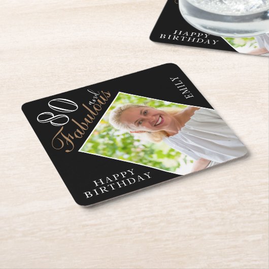 80と素晴らエレガントしい黒写真80誕生日 スクエアペーパーコースター (アングル)