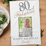 80と80thエレガント誕生日写真 キッチンタオル<br><div class="desc">80と素晴らしい80エレガントth誕生日フォトキッチンタオル。黒エレガント色と金色の文字名前と写真を追加。</div>