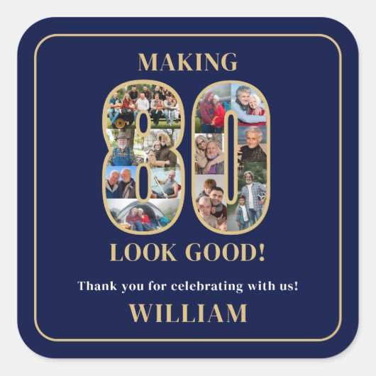 80にして若々しいフォトコラージュ 80歳の誕生日 スクエアシール (正面)