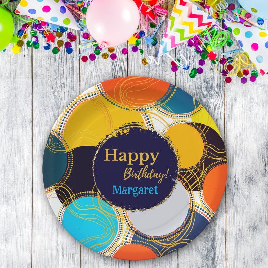 80のカラフルレトロサークル抽象芸術ハッピーバースデー ペーパープレート