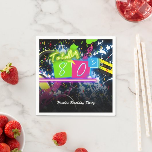 80のレトロおもしろいバースデーパーティネオングロー（ばちゃばちゃ）跳ねる スタンダードカクテルナプキン (インサイチュ)