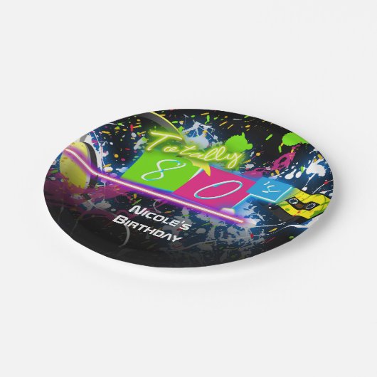 80のレトロおもしろいバースデーパーティネオングロー（ばちゃばちゃ）跳ねる ペーパープレート (アングル)