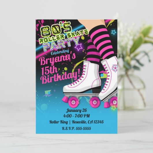 80のレトロローラースケートで滑るスケート誕生日パーティーInv 招待状 (スタンド正面)