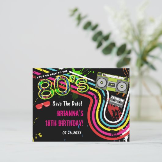 80のレトロ誕生日パーティー日付はがきを保存 案内ポストカード (スタンド正面)