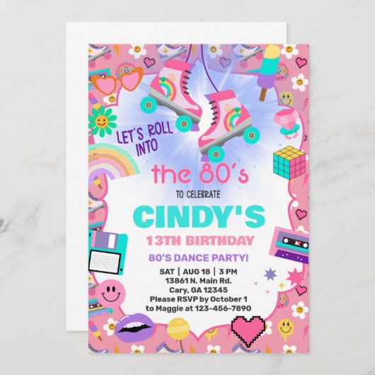 80のローラースケートで滑る誕生日招待状に戻る。 招待状 (正面/裏面)