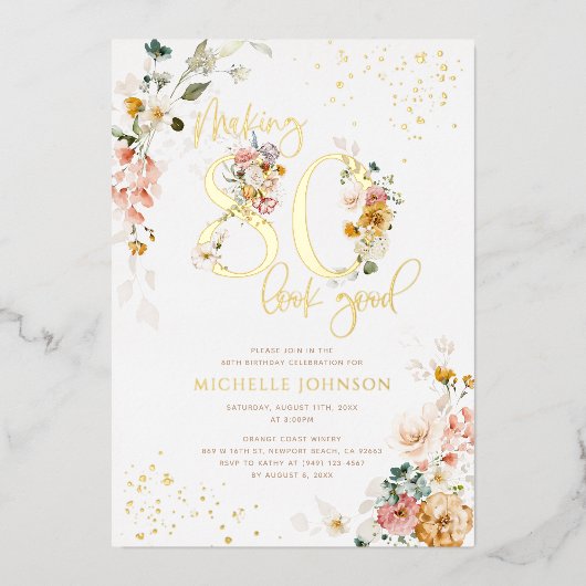 80の見栄えを良くするピンクのフローラ金ゴールド 箔招待状 (正面)