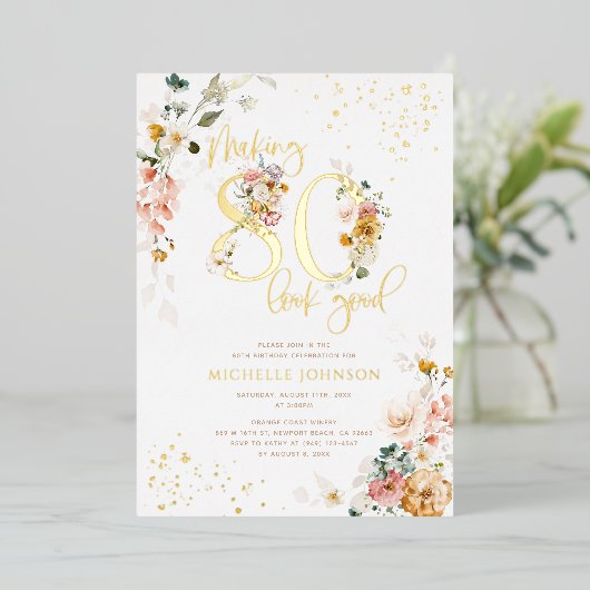 80の見栄えを良くするピンクのフローラ金ゴールド 箔招待状 (立ち正面)