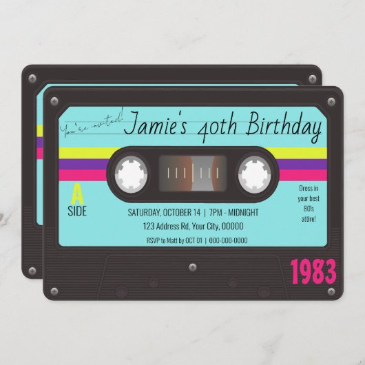 80の誕生日パーティー、レトロカセットテープ 招待状 (正面/裏面)
