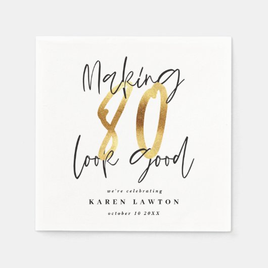 80を良い誕生日パーティー金ゴールドナプキンに見せる スタンダードカクテルナプキン (正面)
