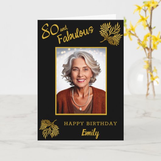 80エレガントと素晴らしい金ゴールドの葉80誕生日 カード (黄色い花)