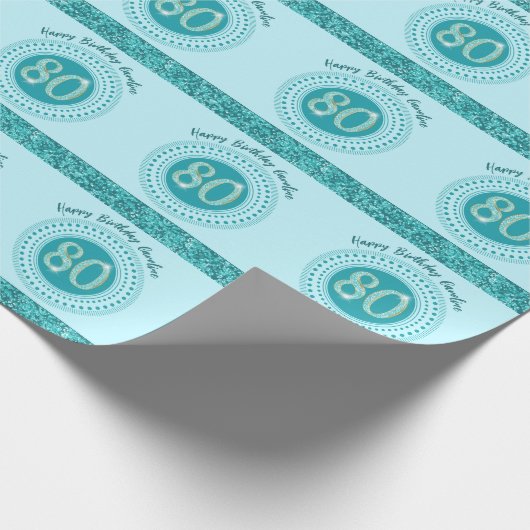 80エレガント番目の誕生日ティール（緑がかった色）ブルーグリッターとストライプ ラッピングペーパー (角)