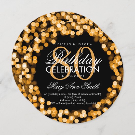 80エレガント番目の誕生日ラきらめくイト金ゴールド 招待状 (正面/裏面)