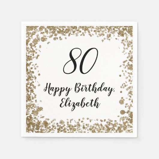 80エレガント誕生日ナプキンスと金ゴールドシーケンサー スタンダードカクテルナプキン (正面)