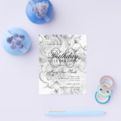 80エレガント誕生日フローラシルバーホワイト招待状 チラシ (シングル)