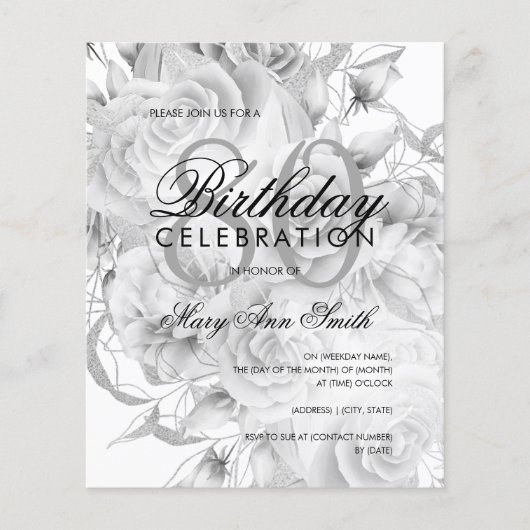 80エレガント誕生日フローラシルバーホワイト招待状 チラシ (正面)