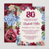 80エレガント誕生日 – ブルゴーニュフローラデザイン 招待状 (正面/裏面)