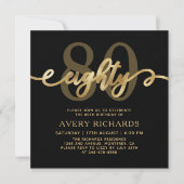 80エレガント金ゴールドスクリプトブラック80誕生日 招待状 (正面)