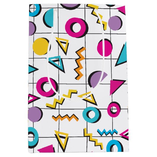 80カラフル年代レトロ幾何学模様 ミディアムペーパーバッグ (正面)