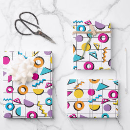 80カラフル年代レトロ幾何学模様 ラッピングペーパーシート