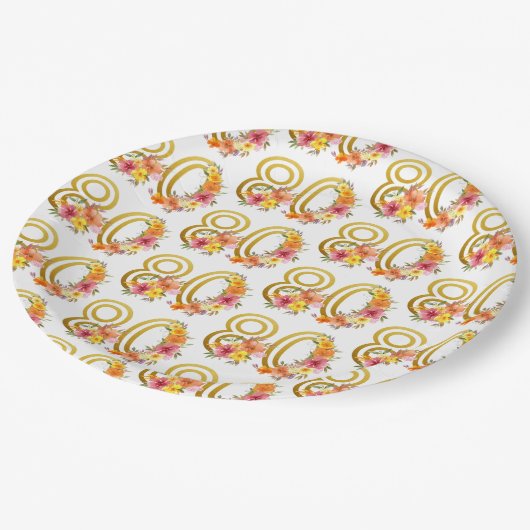 80カラフル番目の誕生日フローラ金ゴールド番号80パーティー ペーパープレート (アングル)