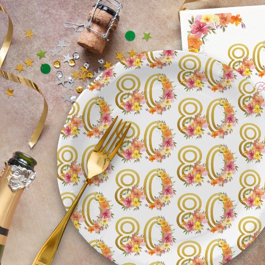 80カラフル番目の誕生日フローラ金ゴールド番号80パーティー ペーパープレート