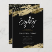 80スクリプエレガントトの黒と金ゴールドの誕生日 招待状 (正面/裏面)