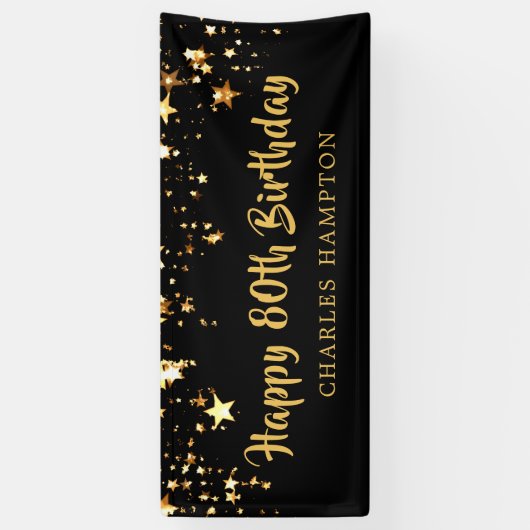 80ハッピーバースデーブラック金ゴールド星またはテキスト 横断幕 (縦)