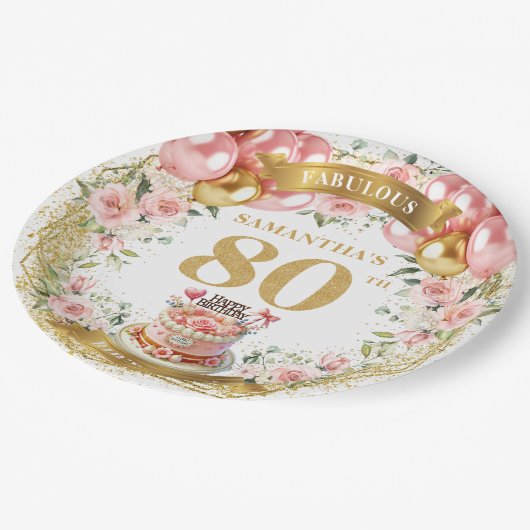 80パーソナライズされた番目の誕生日プレートボホウォーター色 ペーパープレート (アングル)