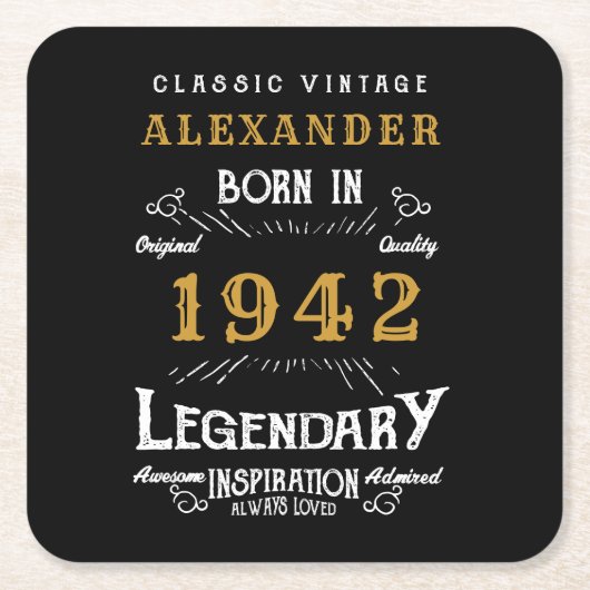 80パーソナライズされた誕生日1942生まれヴィンテージ黒 スクエアペーパーコースター (正面)