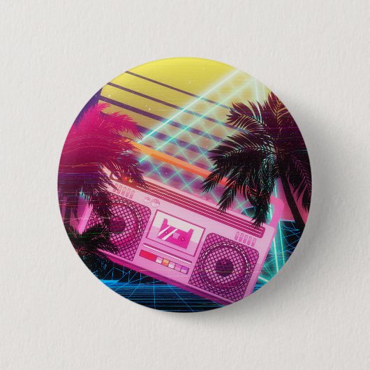 80ファンキー年代のピンクのブームボックスにヤシの木 缶バッジ (正面)