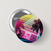 80ファンキー年代のピンクのブームボックスにヤシの木 缶バッジ (正面&裏面)