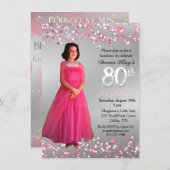 80フェミニン誕生日ピンクスパークリー2写真 招待状 (正面/裏面)