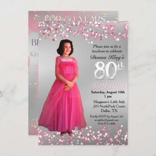 80フェミニン誕生日ピンクスパークリー2写真 招待状 (正面/裏面)