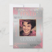 80フェミニン誕生日ピンクスパークリー2写真 招待状 (裏面)