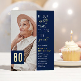 80フォトブルー&金ゴールド80th Birthday Party 実在 （英語） 箔招待状
