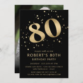 80モダンth8誕生日フォト金ゴールドグリッター 招待状 (正面/裏面)