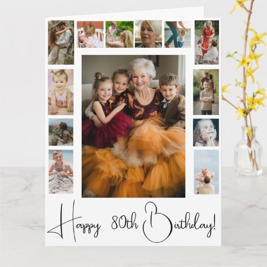 80代または任意の年齢の家族の写真コラージュ誕生日カード カード (黄色い花)