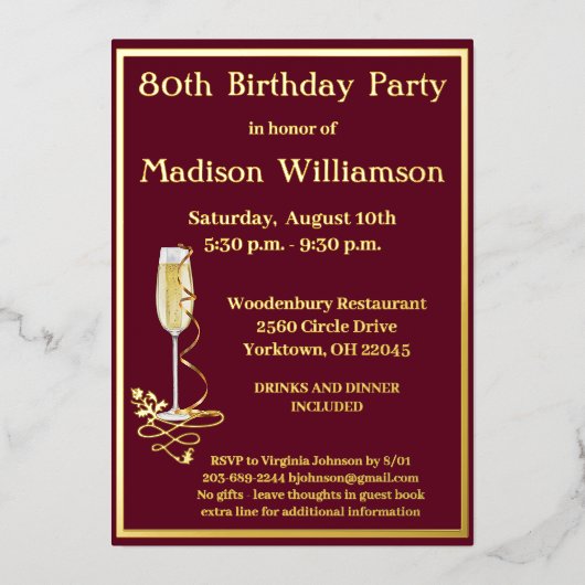 80八エレガント十誕生日赤実在金ゴールド 箔招待状 (正面)