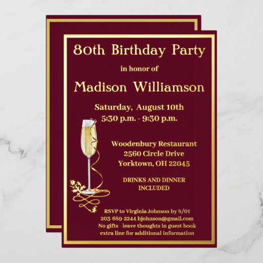 80八エレガント十誕生日赤実在金ゴールド 箔招待状 (正面/裏面)