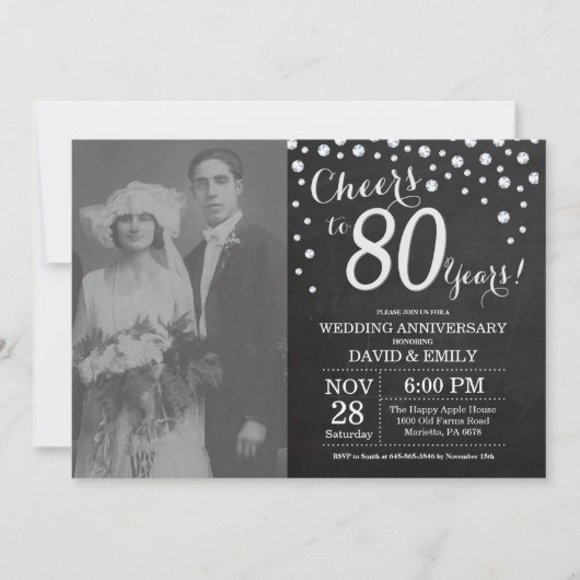 80周年結婚記念日 黒板 ブラック シルバー 招待状 (正面)
