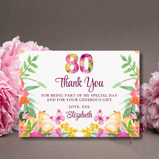 80年の花と蝶 - 80歳の誕生日 サンキューカード