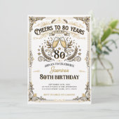 80年の華誕おめでとうございます ヴィンテージゴールド 白い誕生日 招待状 (スタンド正面)