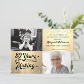 80年の誕生日を記念して 2枚の写真 ゴールド 招待状 (スタンド正面)