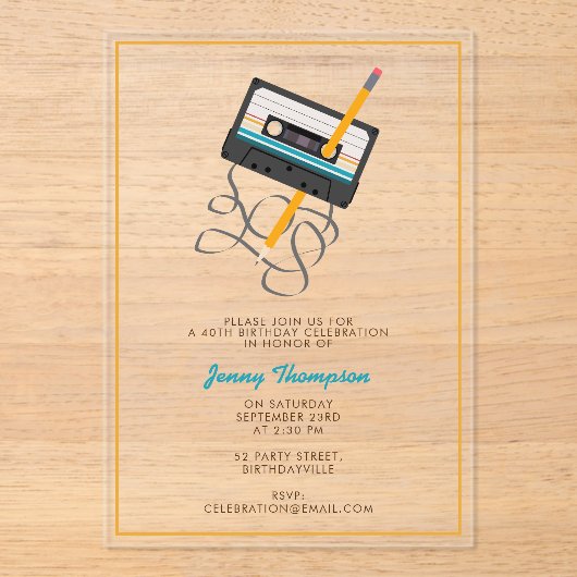 80年代おもしろい音楽レトロカセットテープ40歳の誕生日 アクリル招待状 (正面)