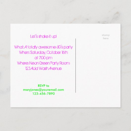 80年代によってはサイケデリックなバラのネオン黒い紫色がパーティを楽しみます インビテーションポストカード (裏面)